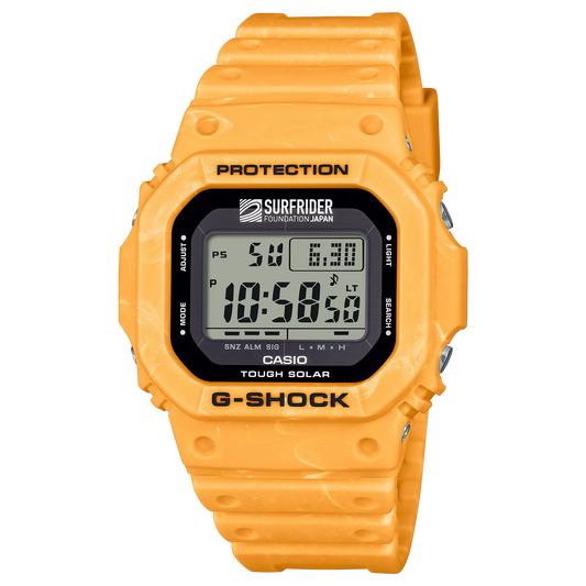 Casio G-SHOCK 5600 Series G5600SFJ-9 – Surfrider Foundation Japan collab in sunrise yellow-beige, bio-based resin, Tough Solar, 200m water resistance, and eco-friendly design.