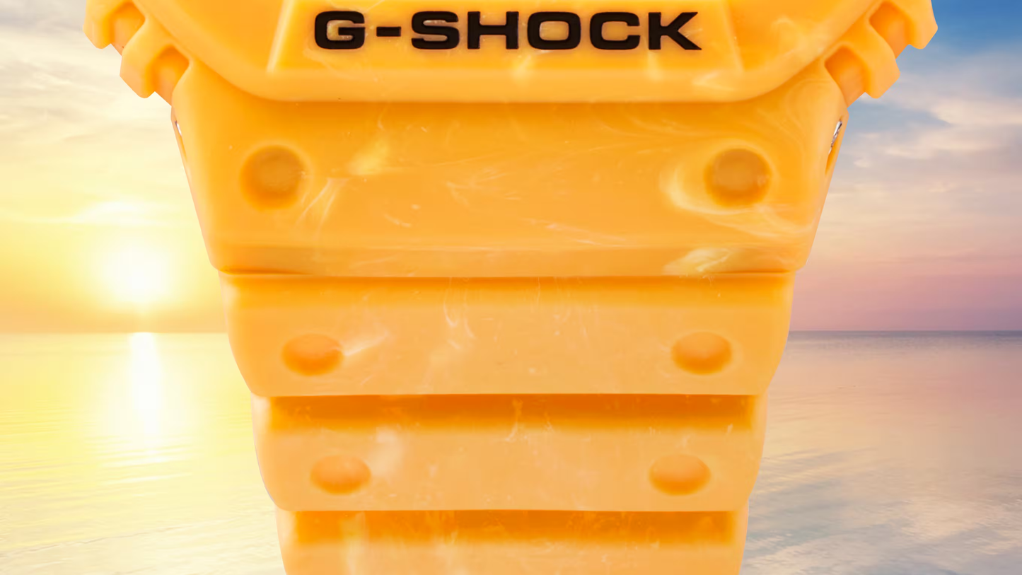 Casio G-SHOCK 5600 Series G5600SFJ-9 – Surfrider Foundation Japan collab in sunrise yellow-beige, bio-based resin, Tough Solar, 200m water resistance, and eco-friendly design.