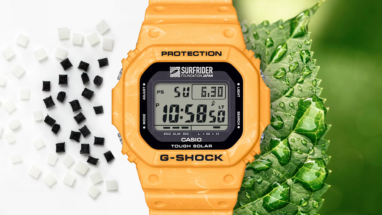 Casio G-SHOCK 5600 Series G5600SFJ-9 – Surfrider Foundation Japan collab in sunrise yellow-beige, bio-based resin, Tough Solar, 200m water resistance, and eco-friendly design.