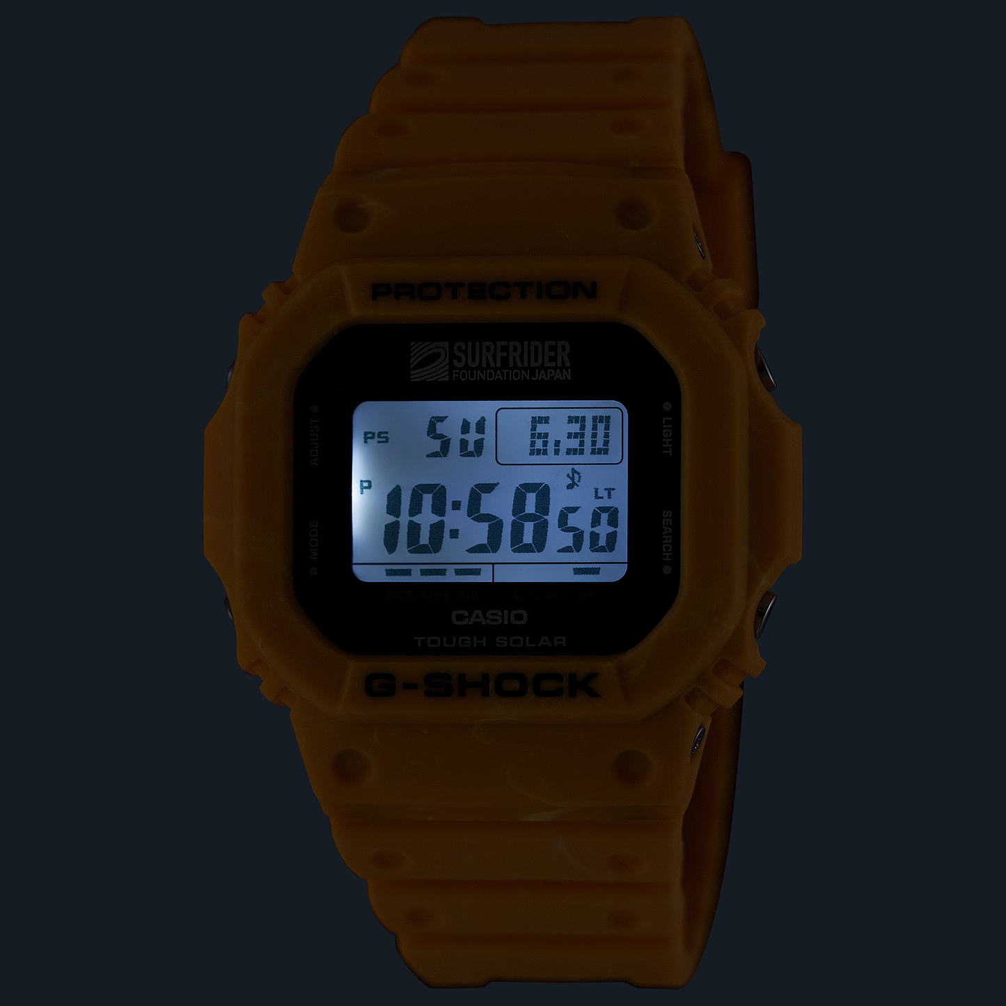 Casio G-SHOCK 5600 Series G5600SFJ-9 – Surfrider Foundation Japan collab in sunrise yellow-beige, bio-based resin, Tough Solar, 200m water resistance, and eco-friendly design.
