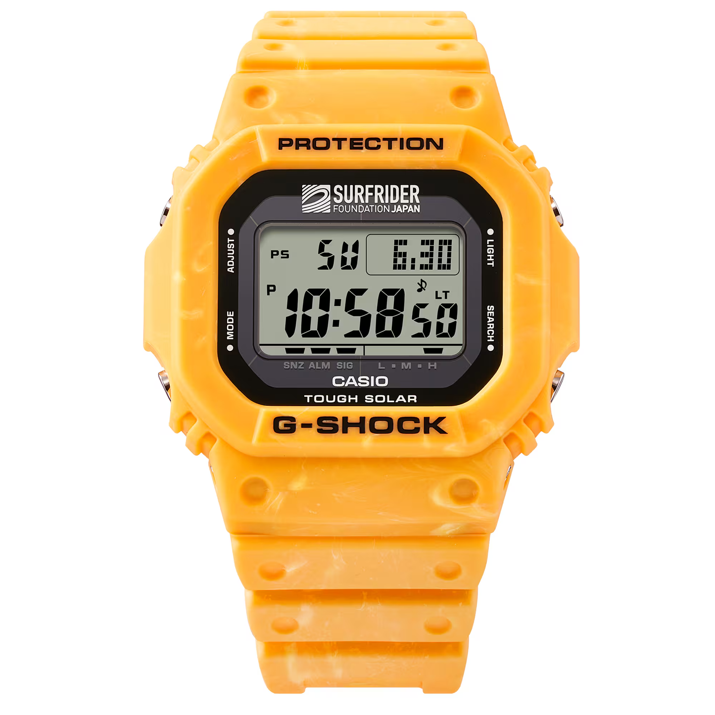 Casio G-SHOCK 5600 Series G5600SFJ-9 – Surfrider Foundation Japan collab in sunrise yellow-beige, bio-based resin, Tough Solar, 200m water resistance, and eco-friendly design.