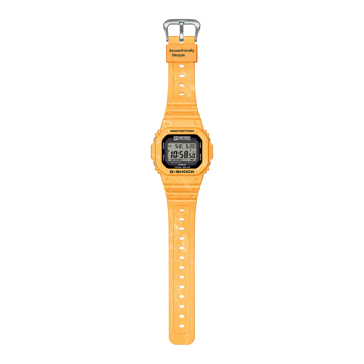 Casio G-SHOCK 5600 Series G5600SFJ-9 – Surfrider Foundation Japan collab in sunrise yellow-beige, bio-based resin, Tough Solar, 200m water resistance, and eco-friendly design.