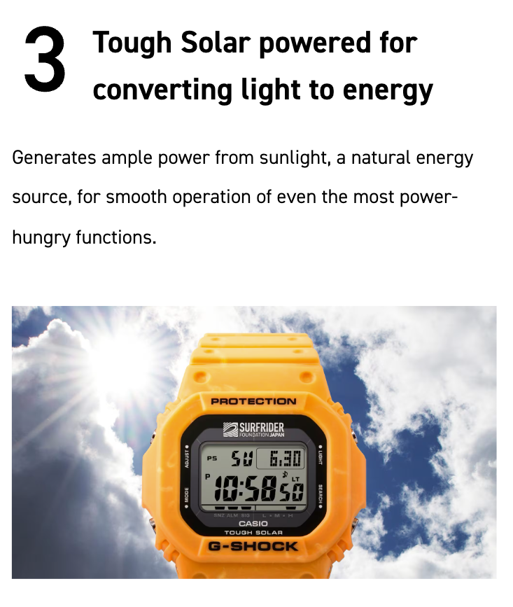 Casio G-SHOCK 5600 Series G5600SFJ-9 – Surfrider Foundation Japan collab in sunrise yellow-beige, bio-based resin, Tough Solar, 200m water resistance, and eco-friendly design.