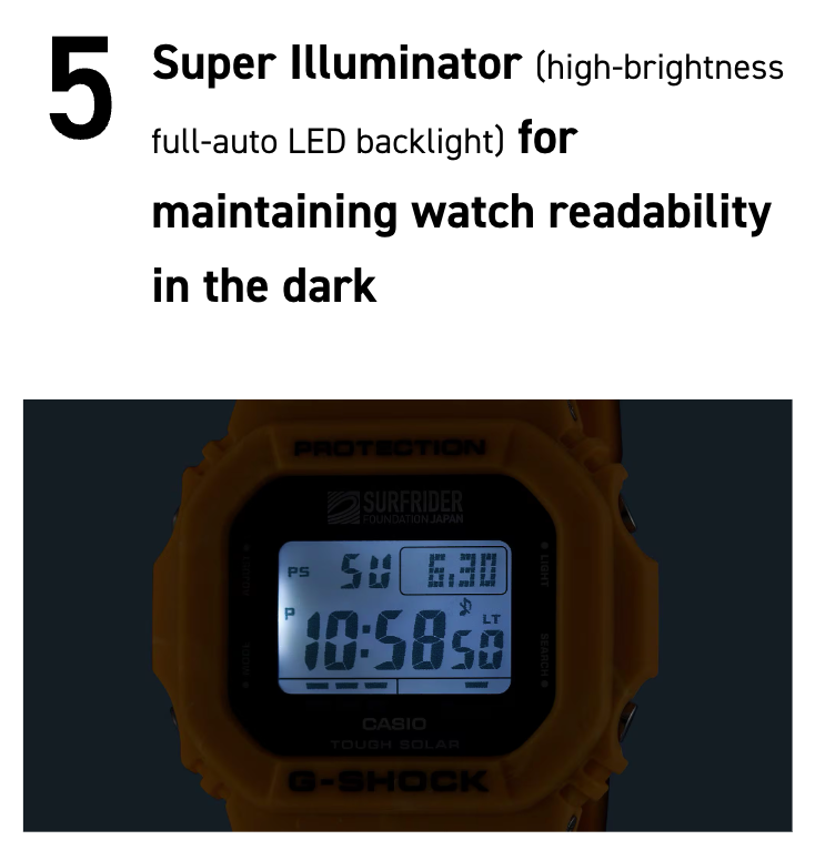 Casio G-SHOCK 5600 Series G5600SFJ-9 – Surfrider Foundation Japan collab in sunrise yellow-beige, bio-based resin, Tough Solar, 200m water resistance, and eco-friendly design.