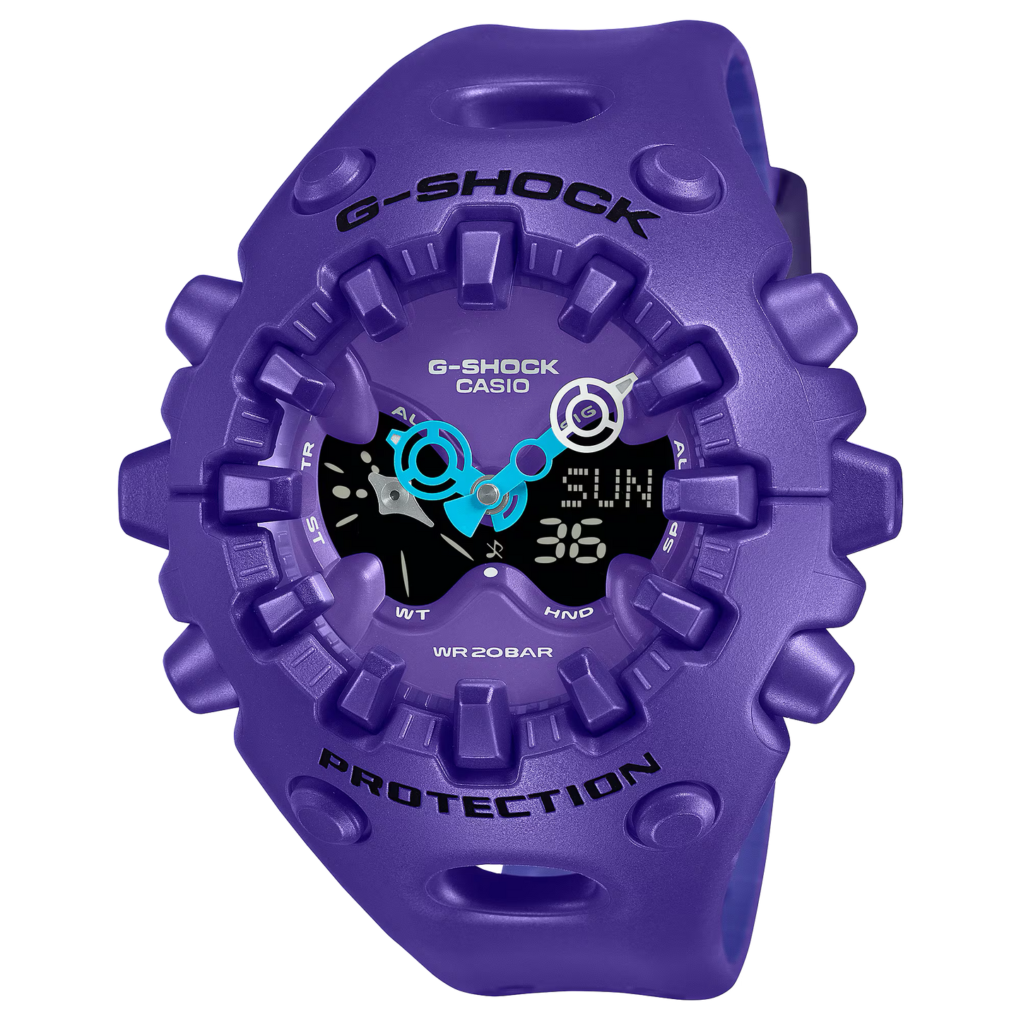 Casio G-SHOCK GA-V01 Series GAV01-2A in vivid purple – futuristic sculpted case, metallic dial accents, Shock Release Hand technology, 200m water resistance, and 10-year battery life.