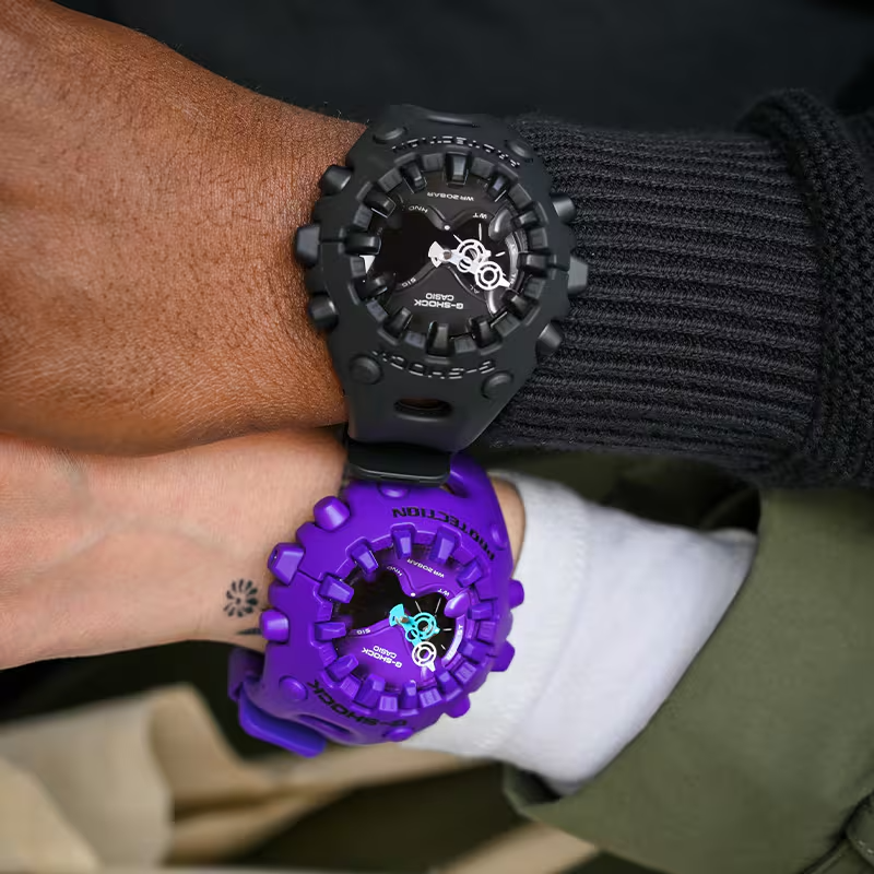 Casio G-SHOCK GA-V01 Series GAV01-2A in vivid purple – futuristic sculpted case, metallic dial accents, Shock Release Hand technology, 200m water resistance, and 10-year battery life.