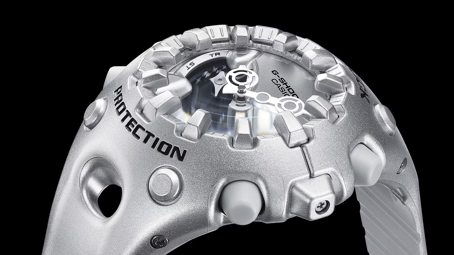 Casio G-SHOCK GA-V01 Series GAV01-2A in vivid purple – futuristic sculpted case, metallic dial accents, Shock Release Hand technology, 200m water resistance, and 10-year battery life.