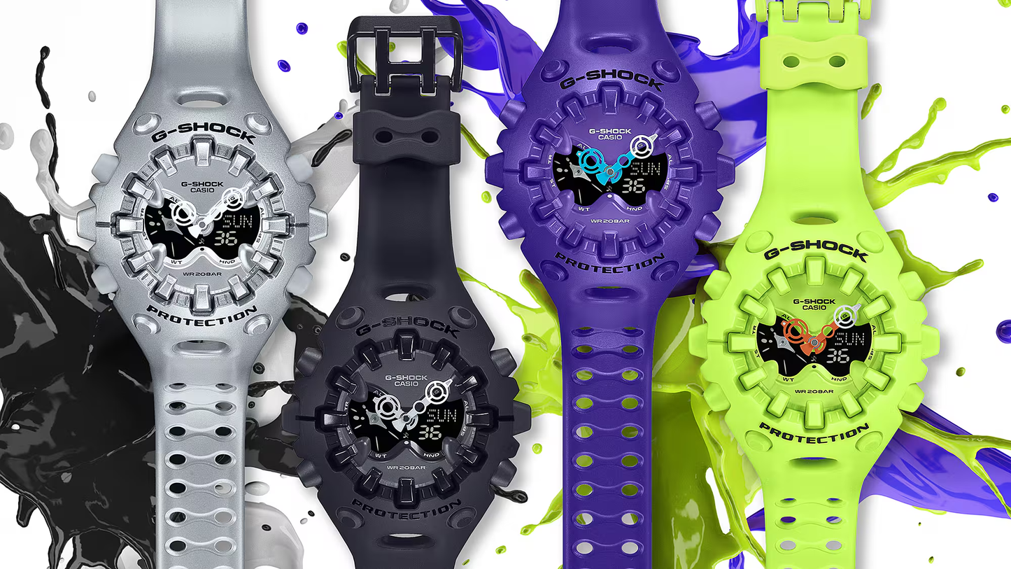 Casio G-SHOCK GA-V01 Series GAV01-2A in vivid purple – futuristic sculpted case, metallic dial accents, Shock Release Hand technology, 200m water resistance, and 10-year battery life.