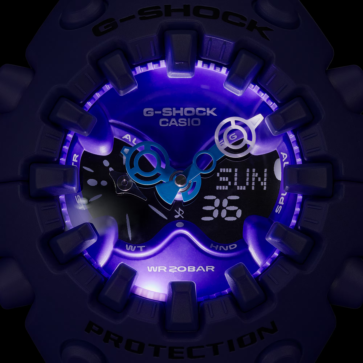 Casio G-SHOCK GA-V01 Series GAV01-2A in vivid purple – futuristic sculpted case, metallic dial accents, Shock Release Hand technology, 200m water resistance, and 10-year battery life.