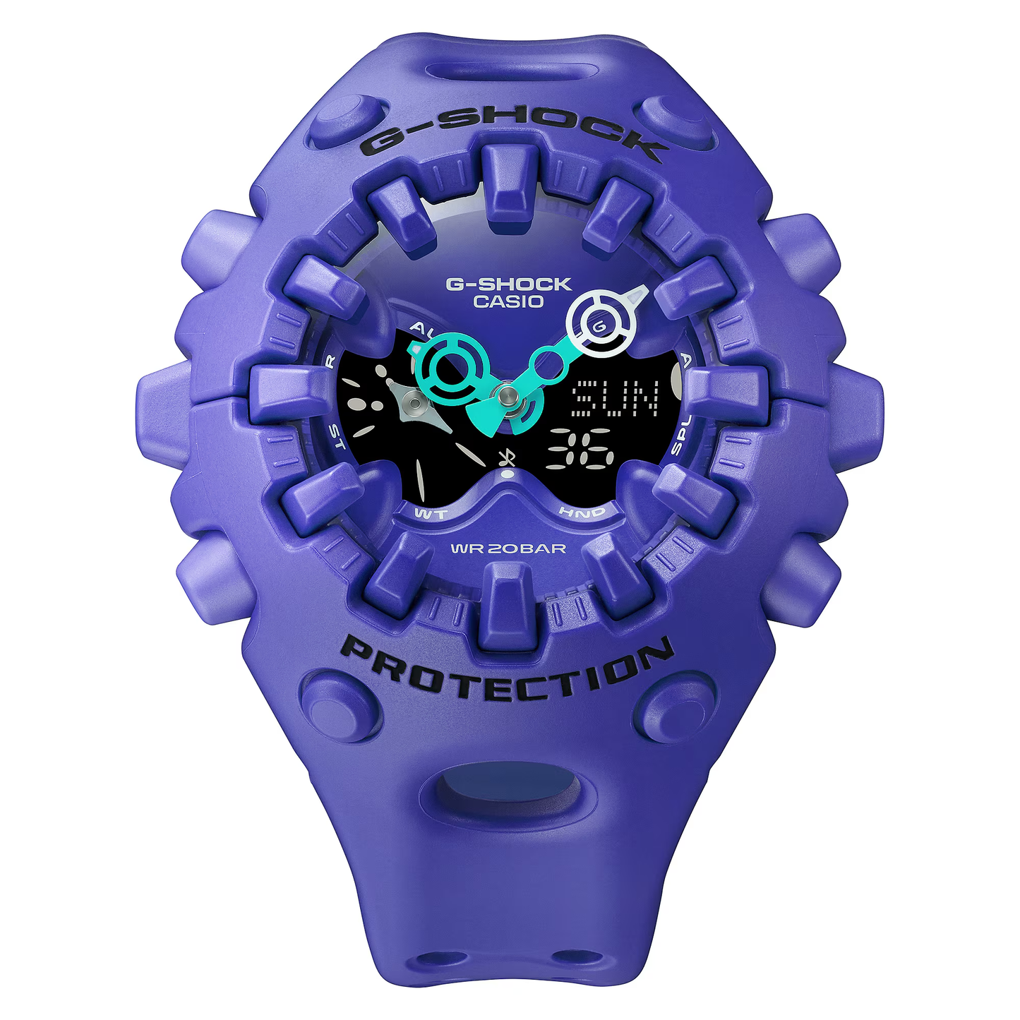 Casio G-SHOCK GA-V01 Series GAV01-2A in vivid purple – futuristic sculpted case, metallic dial accents, Shock Release Hand technology, 200m water resistance, and 10-year battery life.
