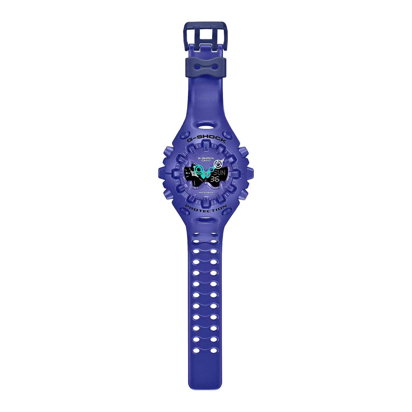 Casio G-SHOCK GA-V01 Series GAV01-2A in vivid purple – futuristic sculpted case, metallic dial accents, Shock Release Hand technology, 200m water resistance, and 10-year battery life.