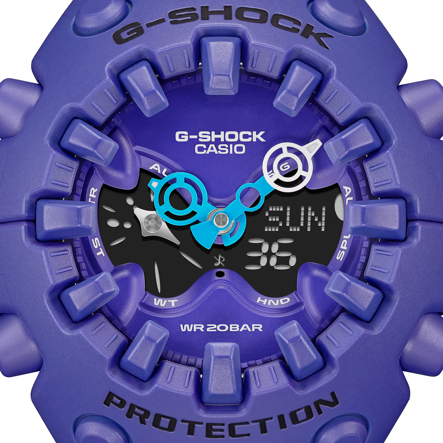 Casio G-SHOCK GA-V01 Series GAV01-2A in vivid purple – futuristic sculpted case, metallic dial accents, Shock Release Hand technology, 200m water resistance, and 10-year battery life.