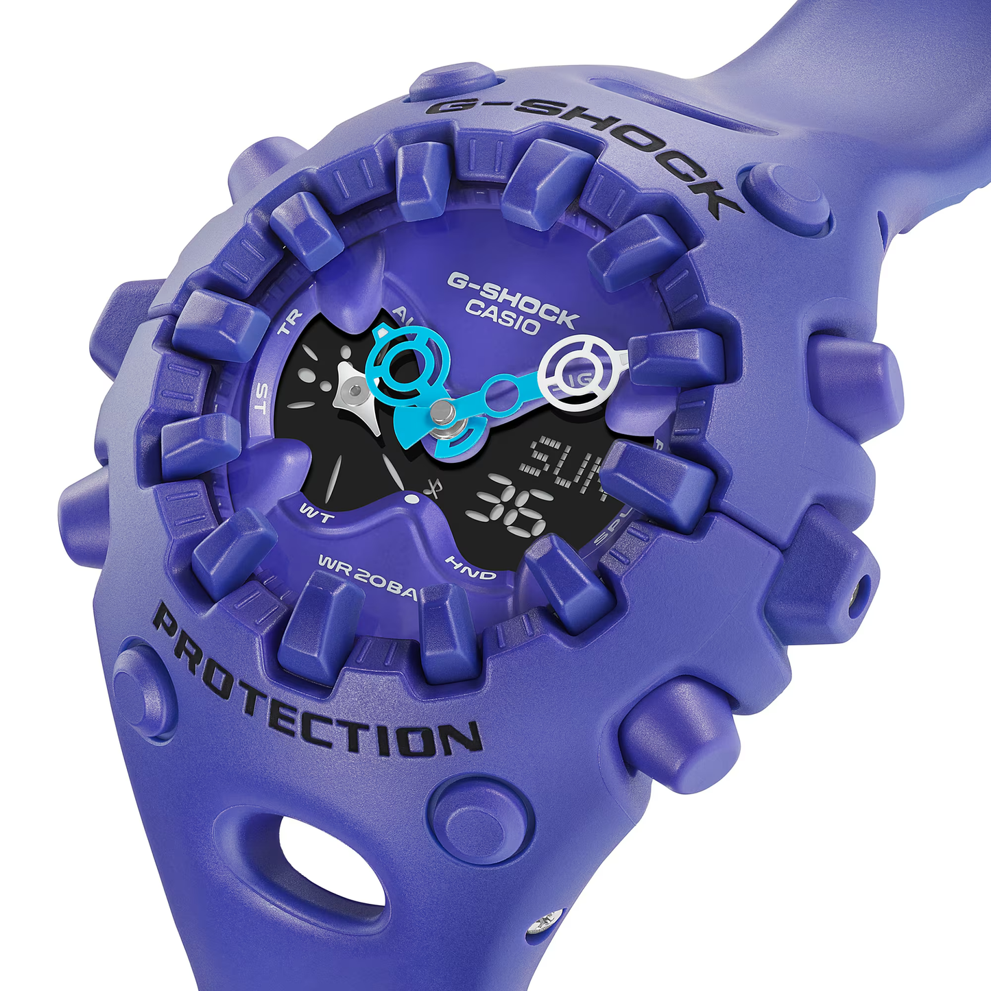 Casio G-SHOCK GA-V01 Series GAV01-2A in vivid purple – futuristic sculpted case, metallic dial accents, Shock Release Hand technology, 200m water resistance, and 10-year battery life.