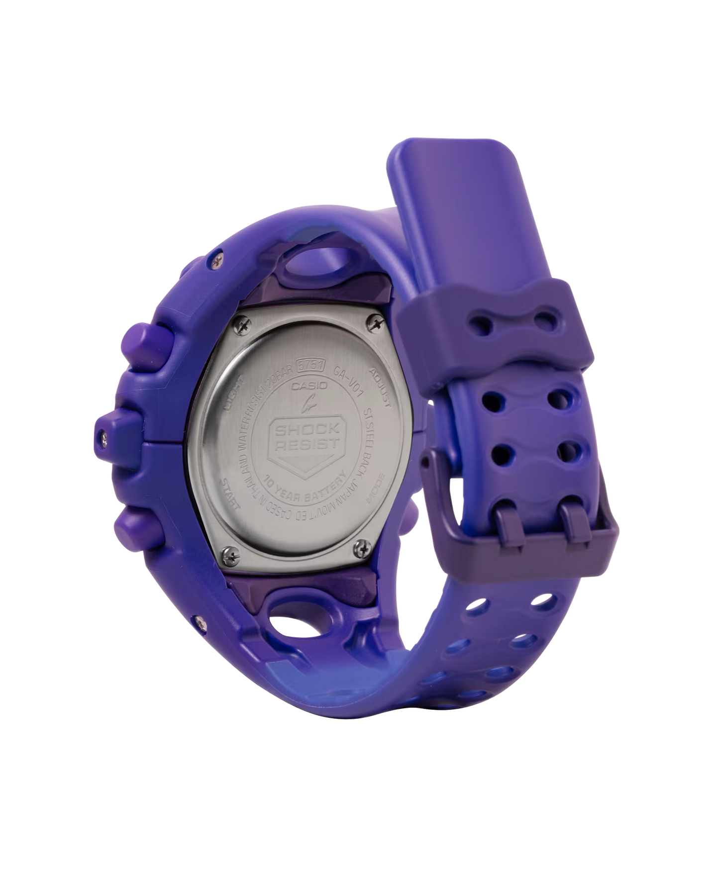 Casio G-SHOCK GA-V01 Series GAV01-2A in vivid purple – futuristic sculpted case, metallic dial accents, Shock Release Hand technology, 200m water resistance, and 10-year battery life.