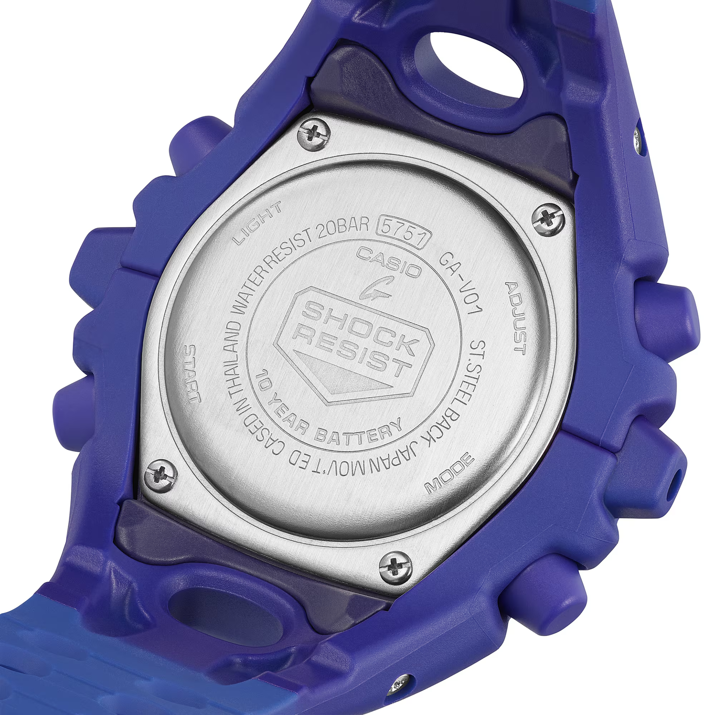 Casio G-SHOCK GA-V01 Series GAV01-2A in vivid purple – futuristic sculpted case, metallic dial accents, Shock Release Hand technology, 200m water resistance, and 10-year battery life.