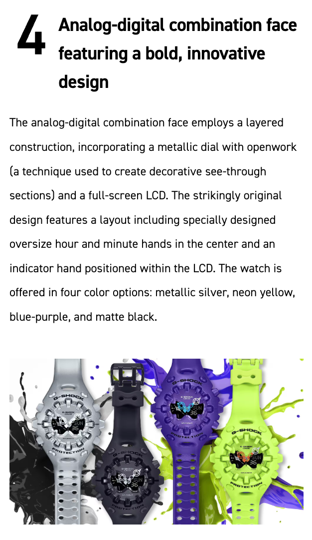 Casio G-SHOCK GA-V01 Series GAV01-2A in vivid purple – futuristic sculpted case, metallic dial accents, Shock Release Hand technology, 200m water resistance, and 10-year battery life.