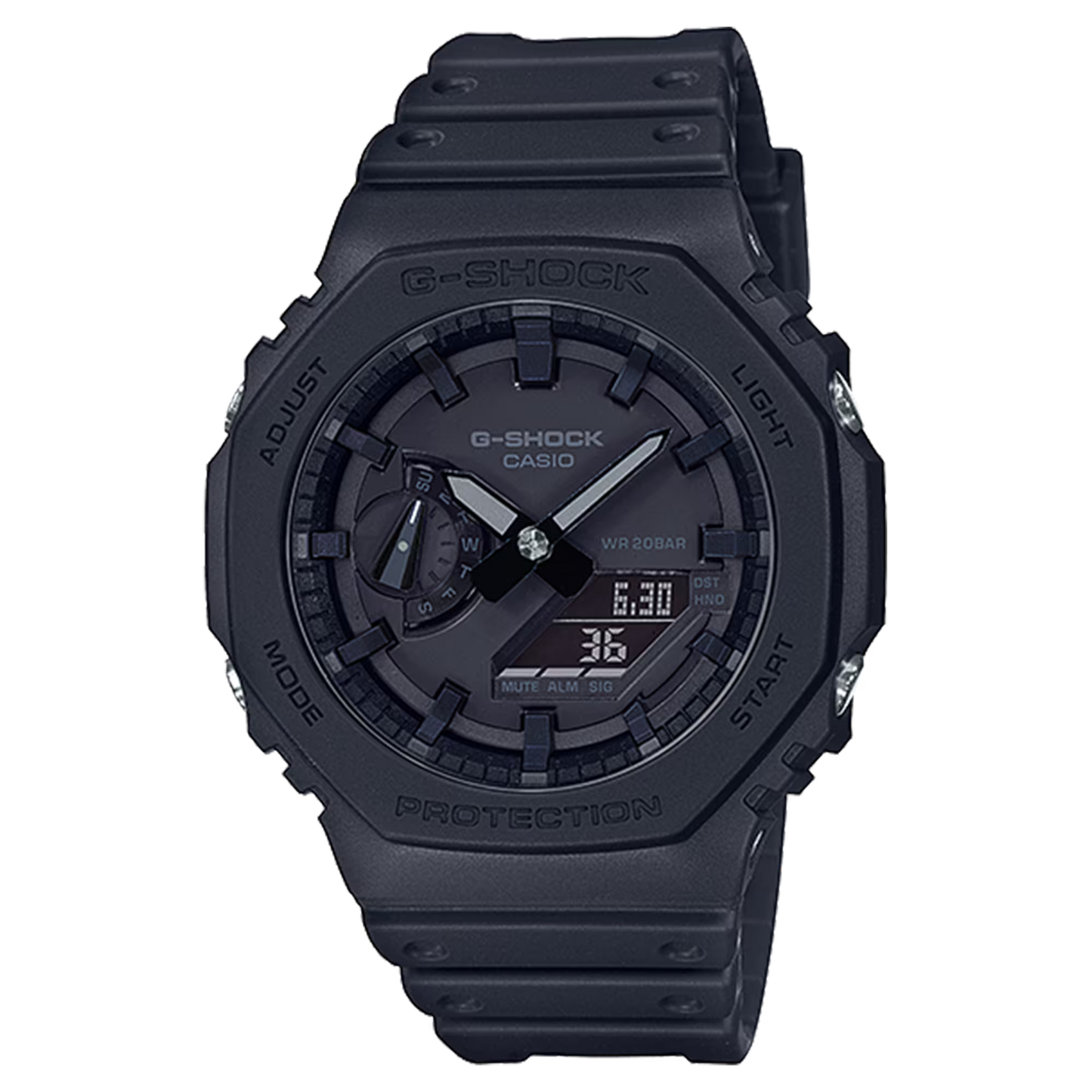 Casio G-SHOCK GA-2100 Series GA2100-1A1 – iconic all-black ‘CasiOak’ with slim 11.8mm case, Carbon Core Guard structure, dual LED lights, and 200m water resistance.