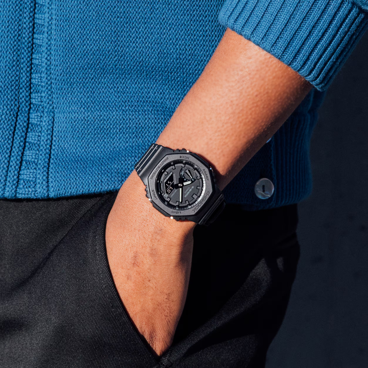 Casio G-SHOCK GA-2100 Series GA2100-1A1 – iconic all-black ‘CasiOak’ with slim 11.8mm case, Carbon Core Guard structure, dual LED lights, and 200m water resistance.
