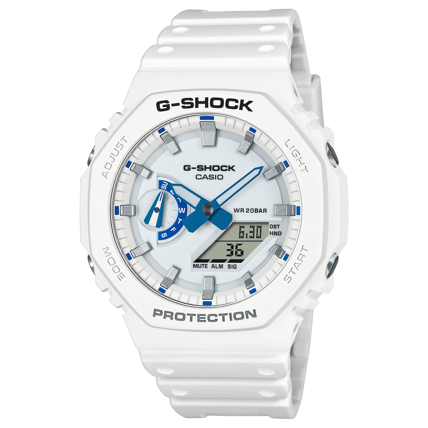 Casio G-SHOCK 2100 Series GA2100HDS-7A – white and blue ‘CasiOak’ design with phosphorescent dial, Carbon Core Guard structure, 200m water resistance, and summer-sea inspiration.