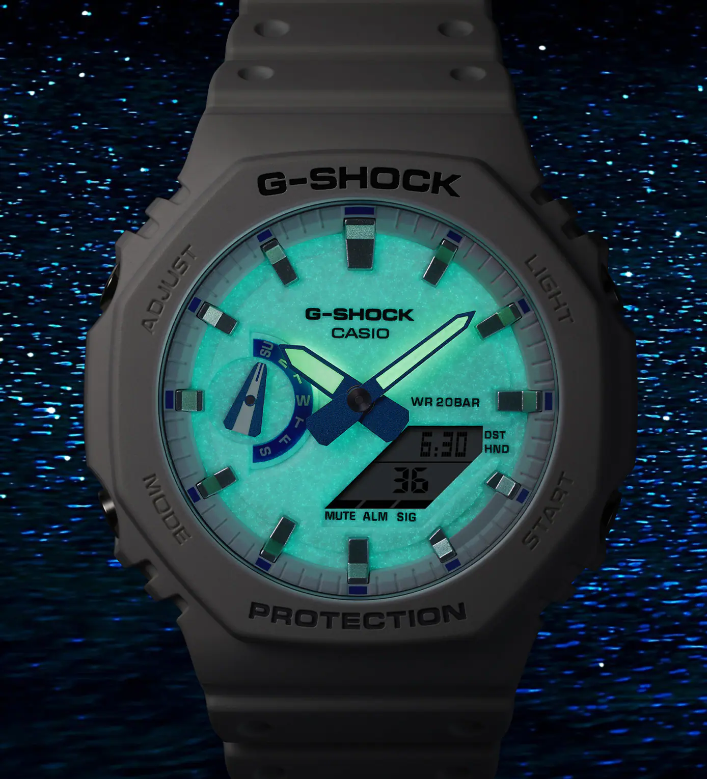 Casio G-SHOCK 2100 Series GA2100HDS-7A – white and blue ‘CasiOak’ design with phosphorescent dial, Carbon Core Guard structure, 200m water resistance, and summer-sea inspiration.