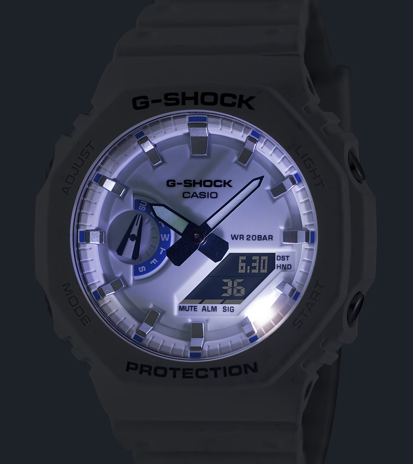 Casio G-SHOCK 2100 Series GA2100HDS-7A – white and blue ‘CasiOak’ design with phosphorescent dial, Carbon Core Guard structure, 200m water resistance, and summer-sea inspiration.