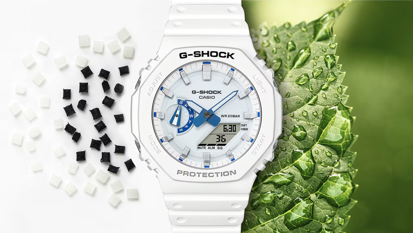 Casio G-SHOCK 2100 Series GA2100HDS-7A – white and blue ‘CasiOak’ design with phosphorescent dial, Carbon Core Guard structure, 200m water resistance, and summer-sea inspiration.