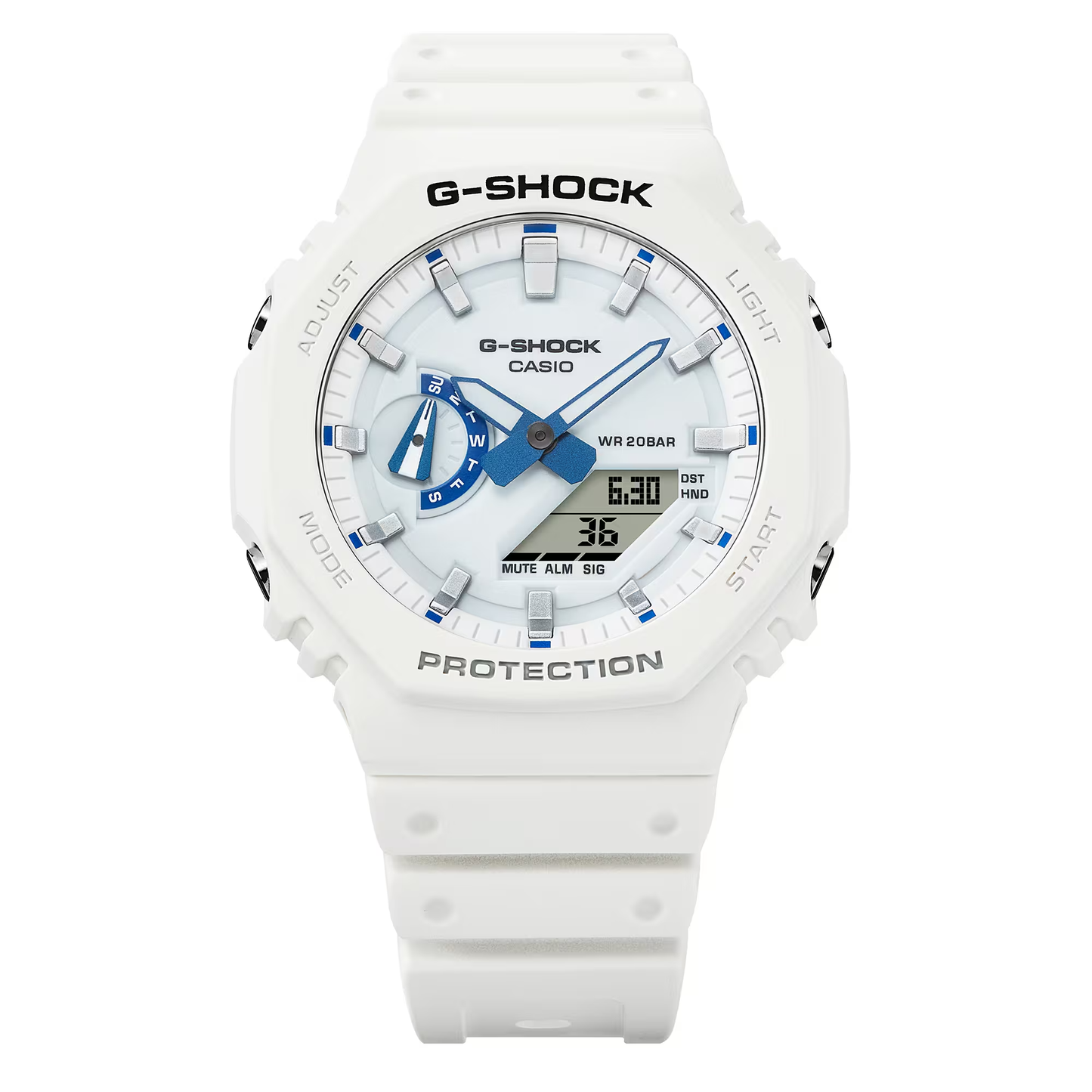 Casio G-SHOCK 2100 Series GA2100HDS-7A – white and blue ‘CasiOak’ design with phosphorescent dial, Carbon Core Guard structure, 200m water resistance, and summer-sea inspiration.