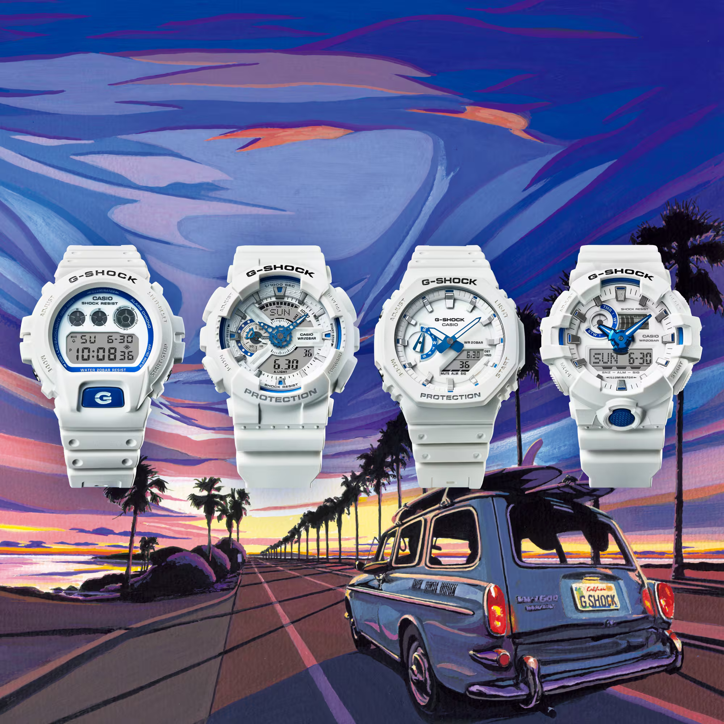 Casio G-SHOCK 2100 Series GA2100HDS-7A – white and blue ‘CasiOak’ design with phosphorescent dial, Carbon Core Guard structure, 200m water resistance, and summer-sea inspiration.
