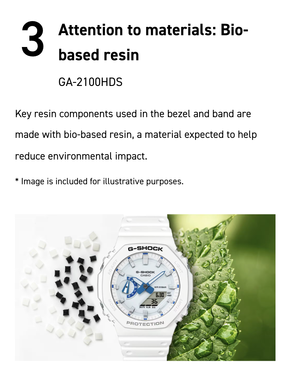 Casio G-SHOCK 2100 Series GA2100HDS-7A – white and blue ‘CasiOak’ design with phosphorescent dial, Carbon Core Guard structure, 200m water resistance, and summer-sea inspiration.