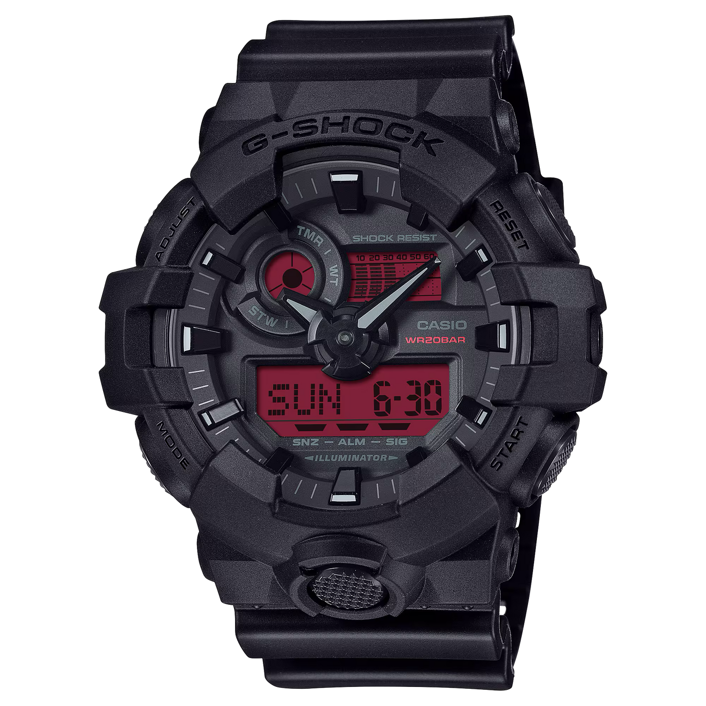 Casio G-SHOCK GA-700 Series GA700BBR-1A – bold black-and-red design with oversized case, front light button, Super Illuminator, shock resistance, and 200m water resistance.