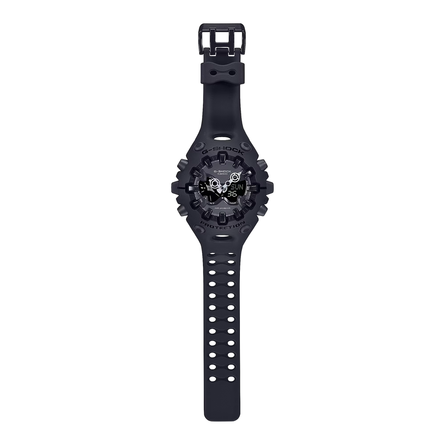 Casio G-SHOCK GA-V01 Series GAV01-1A in all-black – stealthy sculpted case, metallic dial, Shock Release Hand tech, 200m water resistance, and 10-year battery life.
