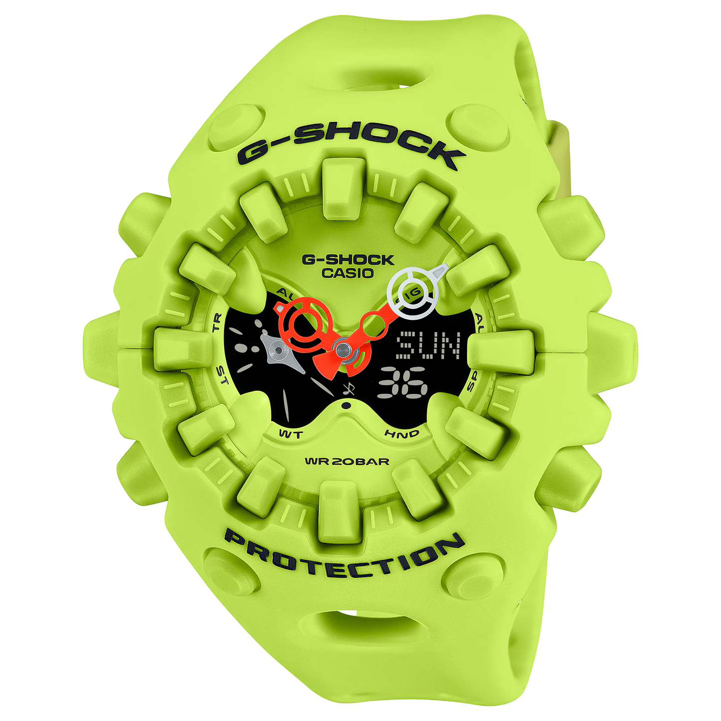 Casio G-SHOCK GA-V01 Series GAV01-9A in neon yellow – bold sculpted case, metallic dial accents, Shock Release Hand tech, 200m water resistance, and 10-year battery life.