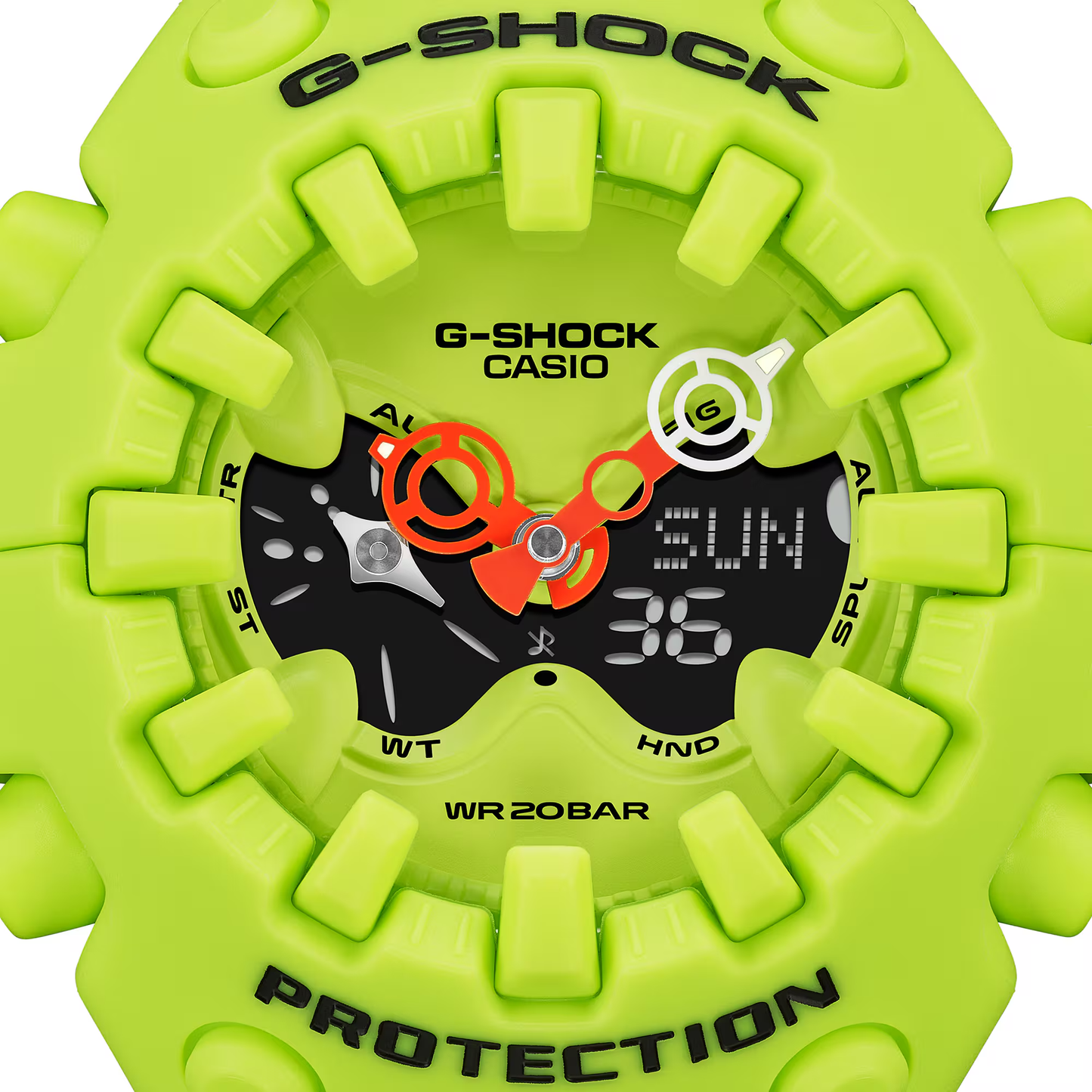 Casio G-SHOCK GA-V01 Series GAV01-9A in neon yellow – bold sculpted case, metallic dial accents, Shock Release Hand tech, 200m water resistance, and 10-year battery life.
