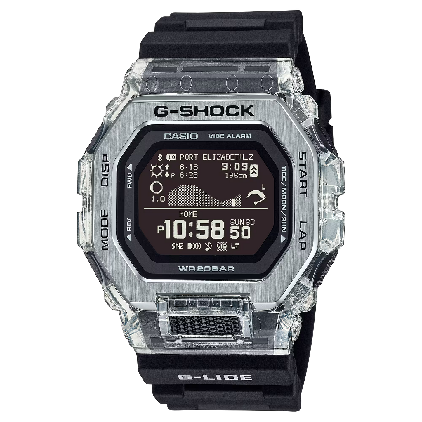 Casio G-SHOCK G-LIDE GBX100S-1 – surf-ready watch with tide and moon data, Bluetooth connectivity, stainless steel/resin bezel, bio-based band, and 200m water resistance.