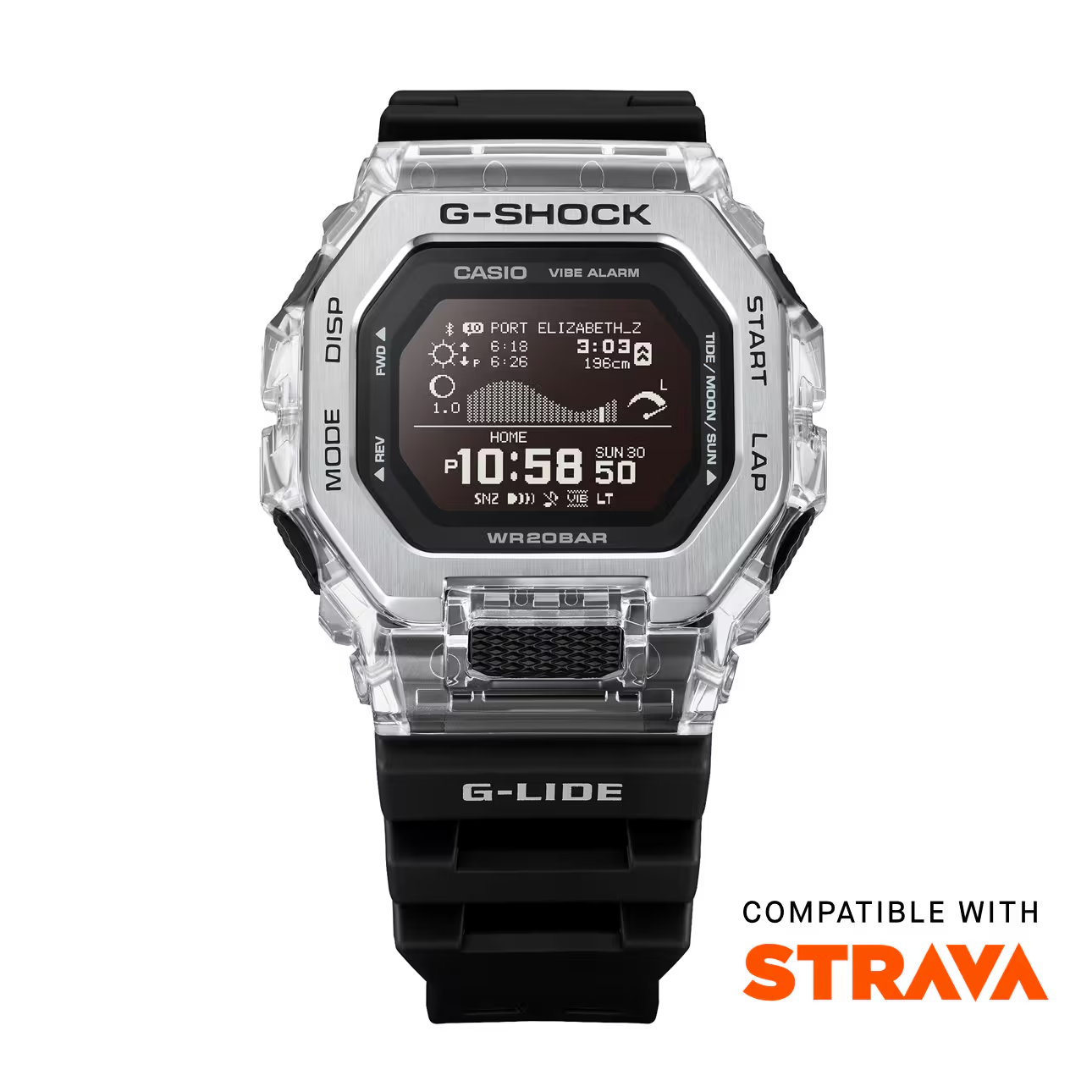 Casio G-SHOCK G-LIDE GBX100S-1 – surf-ready watch with tide and moon data, Bluetooth connectivity, stainless steel/resin bezel, bio-based band, and 200m water resistance.