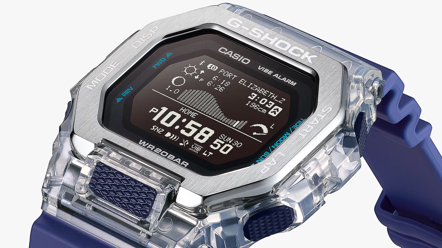 Casio G-SHOCK G-LIDE GBX100S-1 – surf-ready watch with tide and moon data, Bluetooth connectivity, stainless steel/resin bezel, bio-based band, and 200m water resistance.