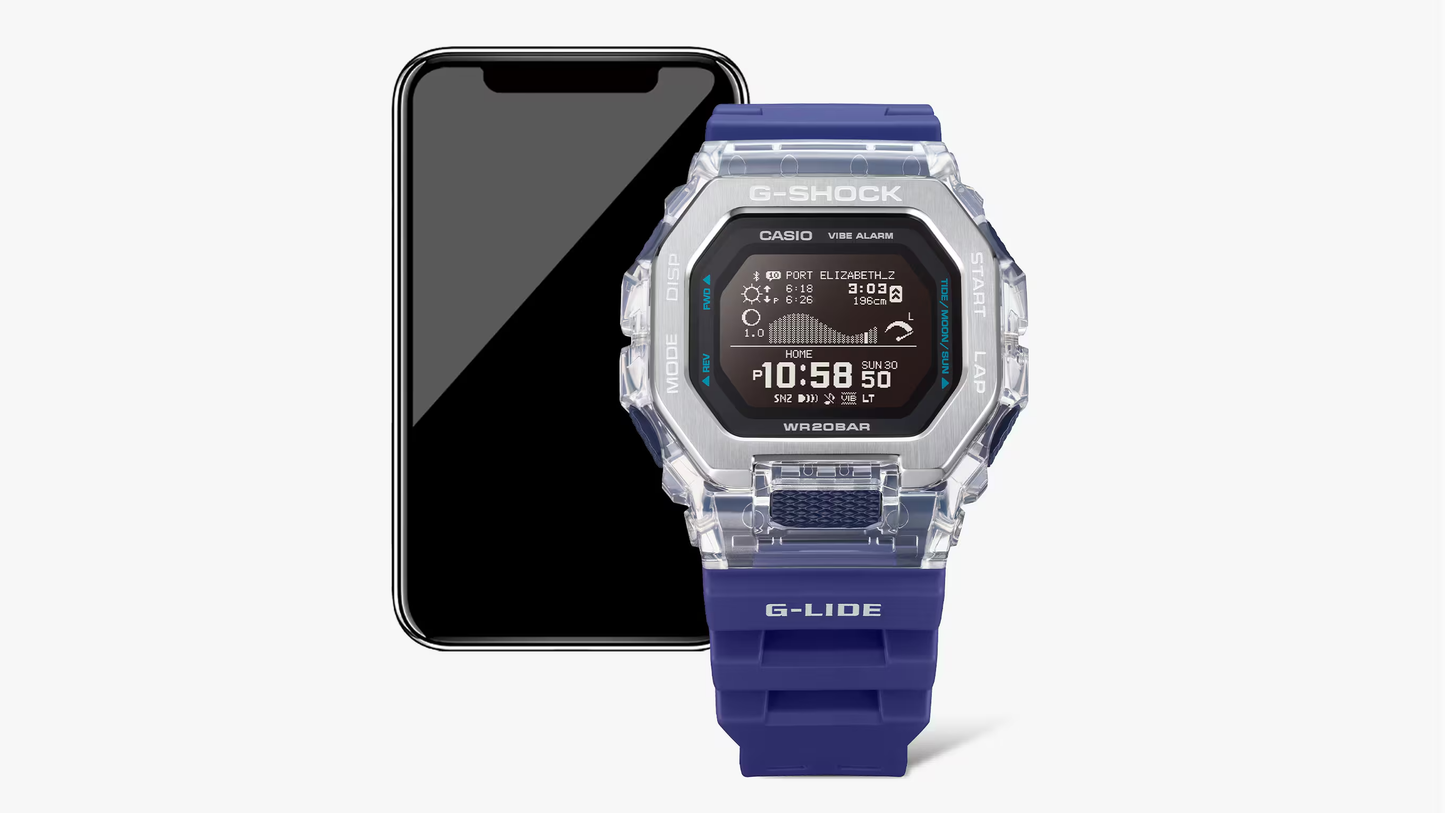 Casio G-SHOCK G-LIDE GBX100S-1 – surf-ready watch with tide and moon data, Bluetooth connectivity, stainless steel/resin bezel, bio-based band, and 200m water resistance.