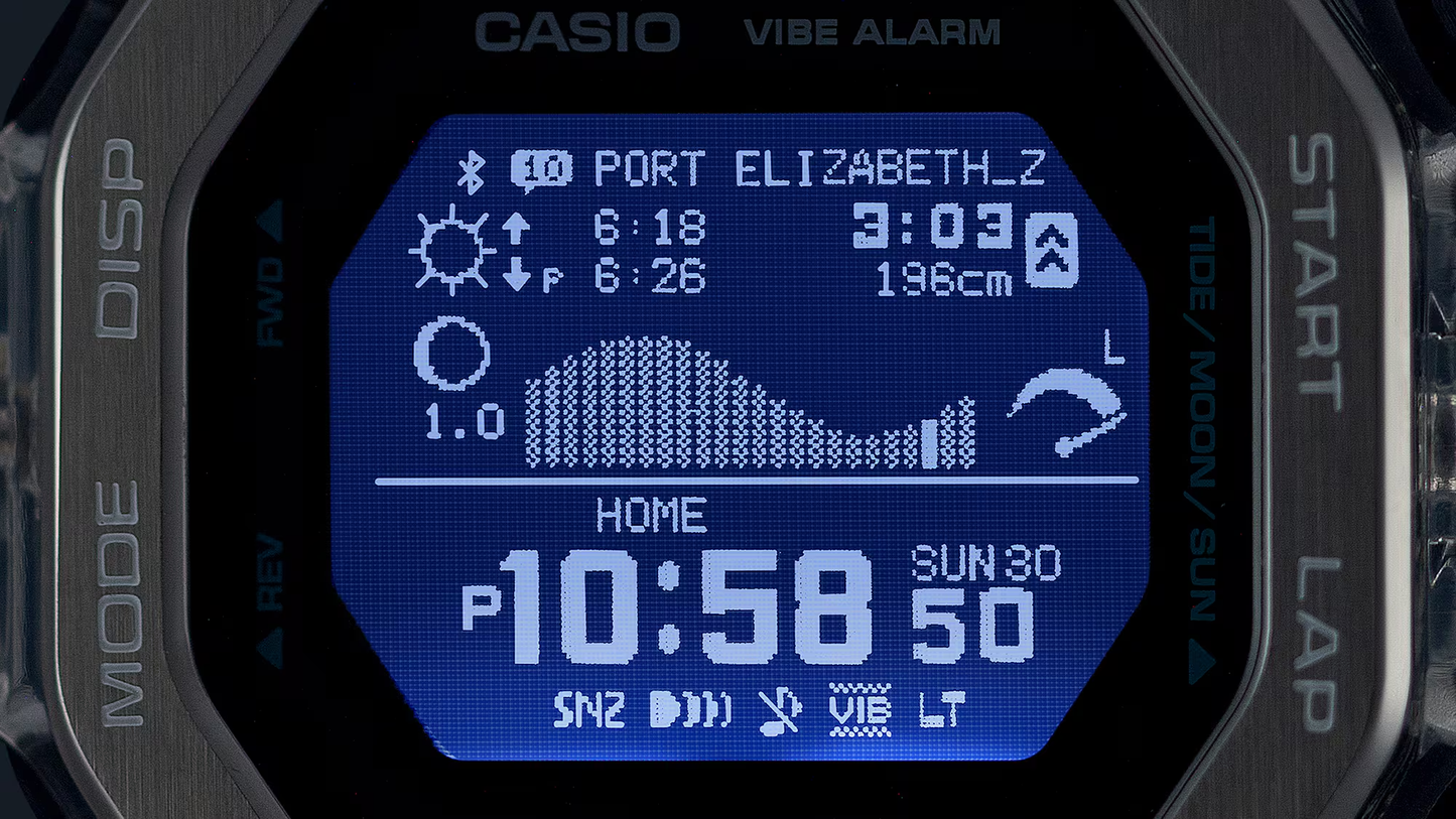 Casio G-SHOCK G-LIDE GBX100S-1 – surf-ready watch with tide and moon data, Bluetooth connectivity, stainless steel/resin bezel, bio-based band, and 200m water resistance.