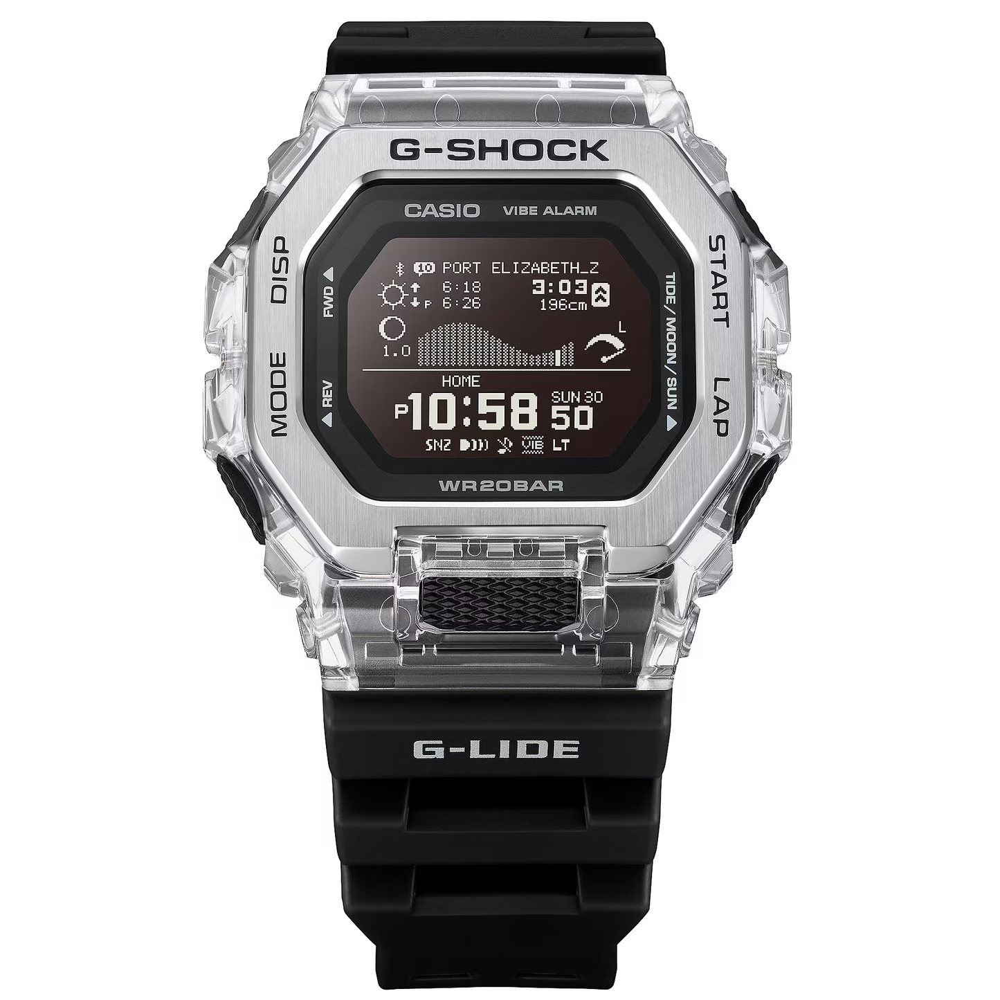 Casio G-SHOCK G-LIDE GBX100S-1 – surf-ready watch with tide and moon data, Bluetooth connectivity, stainless steel/resin bezel, bio-based band, and 200m water resistance.