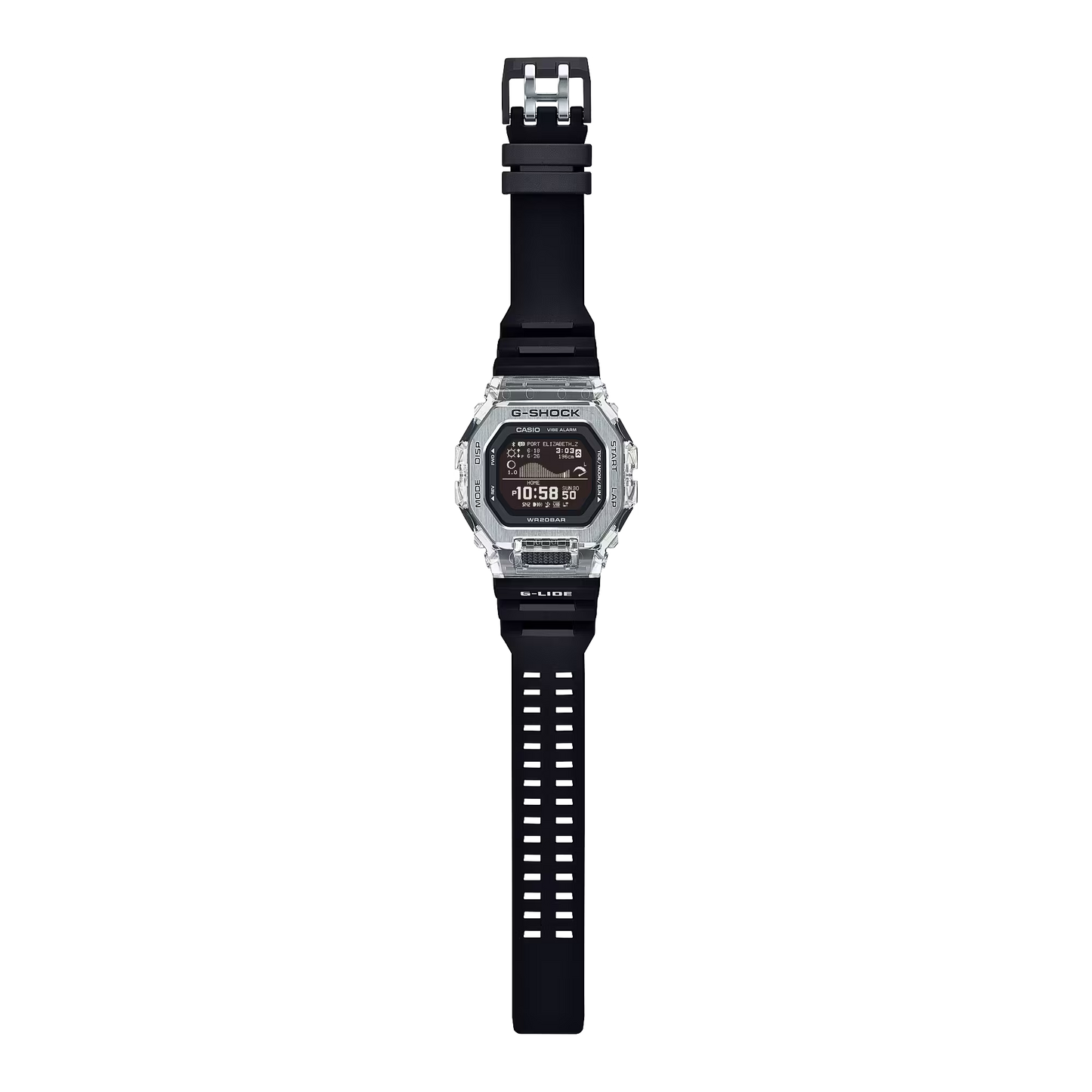 Casio G-SHOCK G-LIDE GBX100S-1 – surf-ready watch with tide and moon data, Bluetooth connectivity, stainless steel/resin bezel, bio-based band, and 200m water resistance.