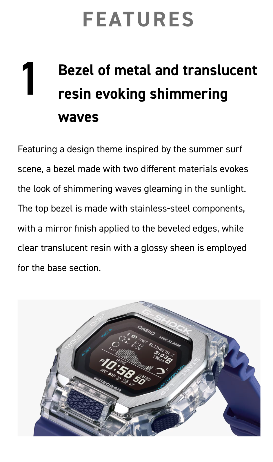 Casio G-SHOCK G-LIDE GBX100S-1 – surf-ready watch with tide and moon data, Bluetooth connectivity, stainless steel/resin bezel, bio-based band, and 200m water resistance.