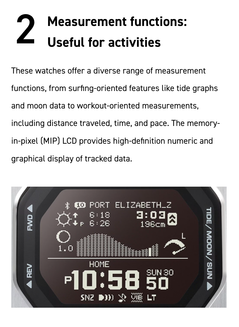 Casio G-SHOCK G-LIDE GBX100S-1 – surf-ready watch with tide and moon data, Bluetooth connectivity, stainless steel/resin bezel, bio-based band, and 200m water resistance.