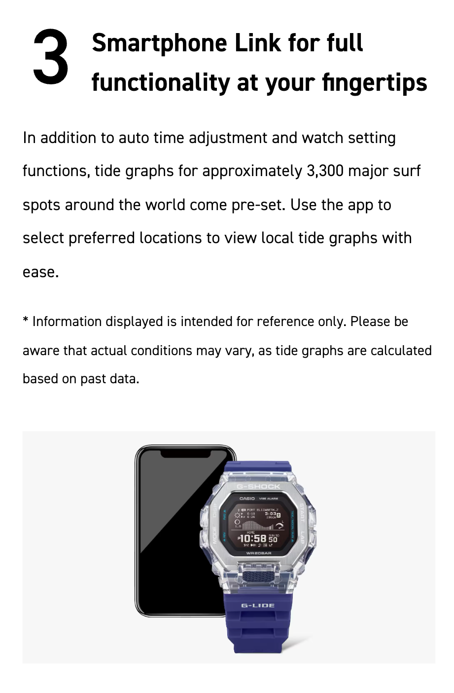 Casio G-SHOCK G-LIDE GBX100S-1 – surf-ready watch with tide and moon data, Bluetooth connectivity, stainless steel/resin bezel, bio-based band, and 200m water resistance.