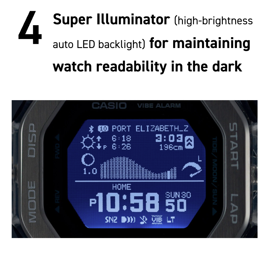 Casio G-SHOCK G-LIDE GBX100S-1 – surf-ready watch with tide and moon data, Bluetooth connectivity, stainless steel/resin bezel, bio-based band, and 200m water resistance.