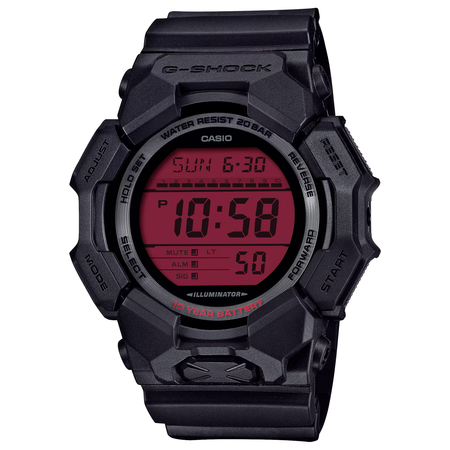 Casio G-SHOCK GD-010 Series GD010BBR-1 – stealth black with bold red display, Carbon Core Guard structure, Super Illuminator, shock resistance, and 200m water resistance.