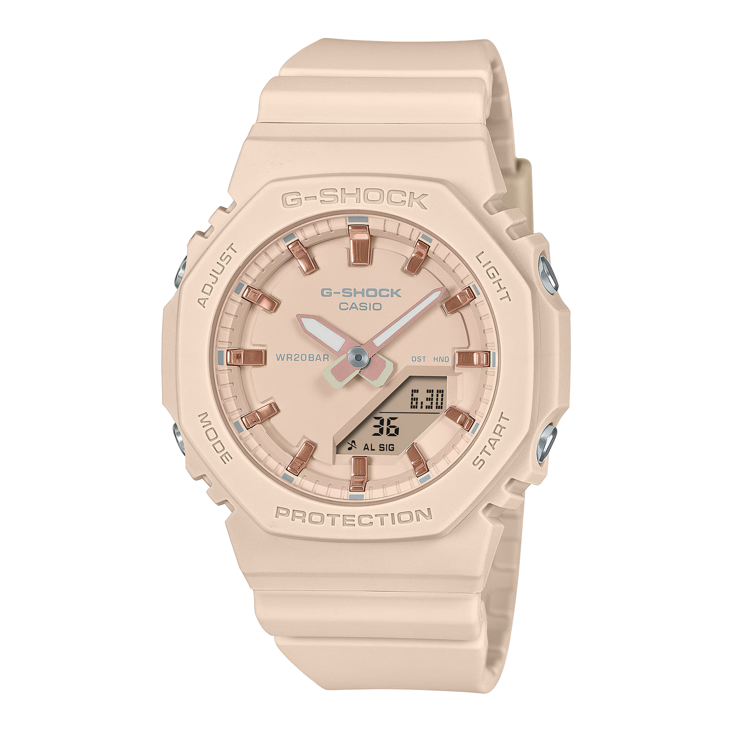 Casio G-SHOCK Women GMAP2100M-4A – blush-pink ‘CasiOak’ with pink-gold accents, compact eco-friendly bio-based resin design, dual LED lights, and 200m water resistance.