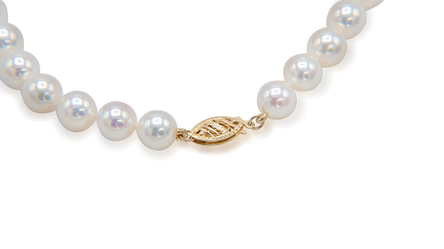 Akoya Pearl Strand Necklace - 7.5-8.0mm White Pearls, AA Quality, 14K Yellow Gold, Filigree Fishhook Clasp, Made in Japan