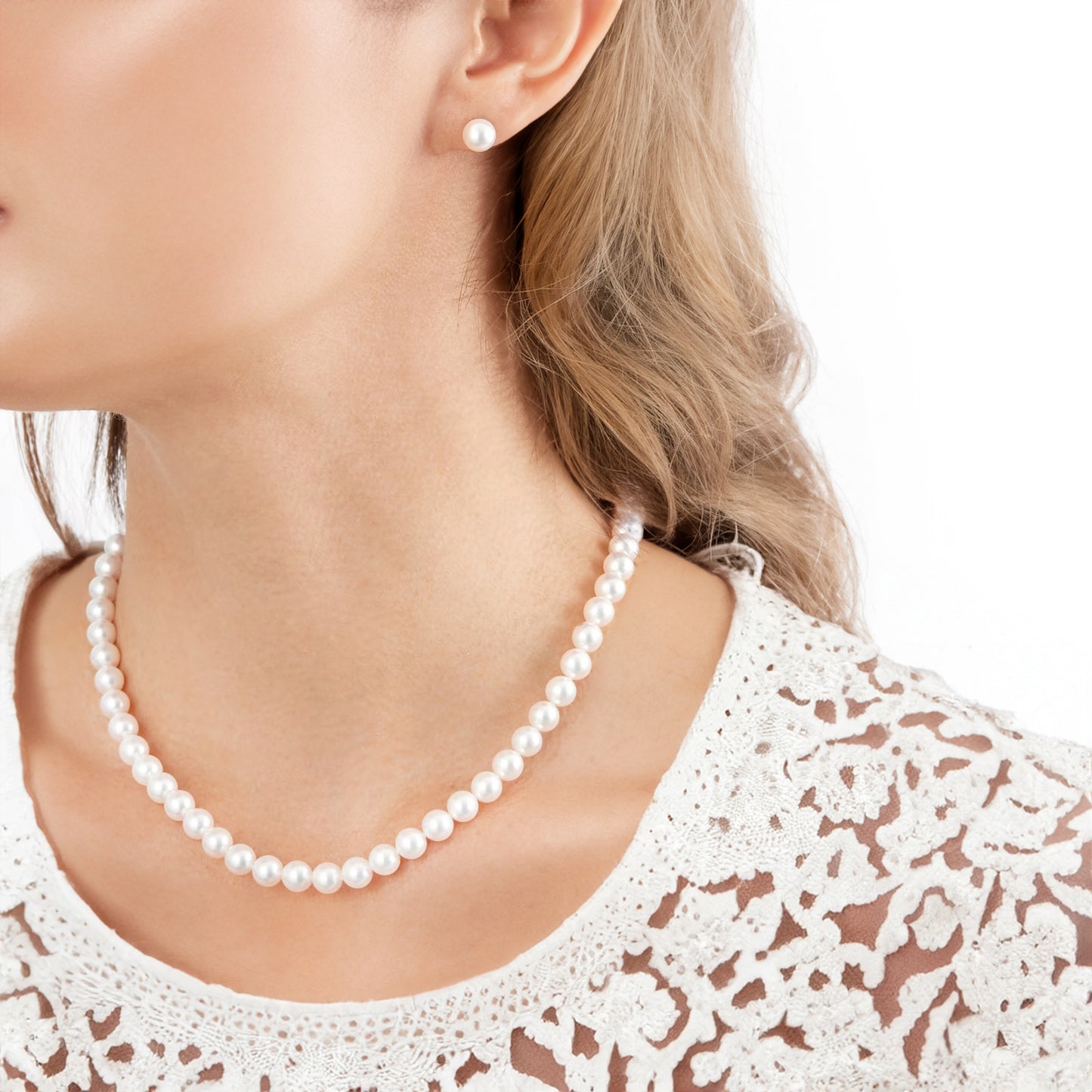Akoya Pearl Strand Necklace - 7.5-8.0mm White Pearls, AA Quality, 14K Yellow Gold, Filigree Fishhook Clasp, Made in Japan
