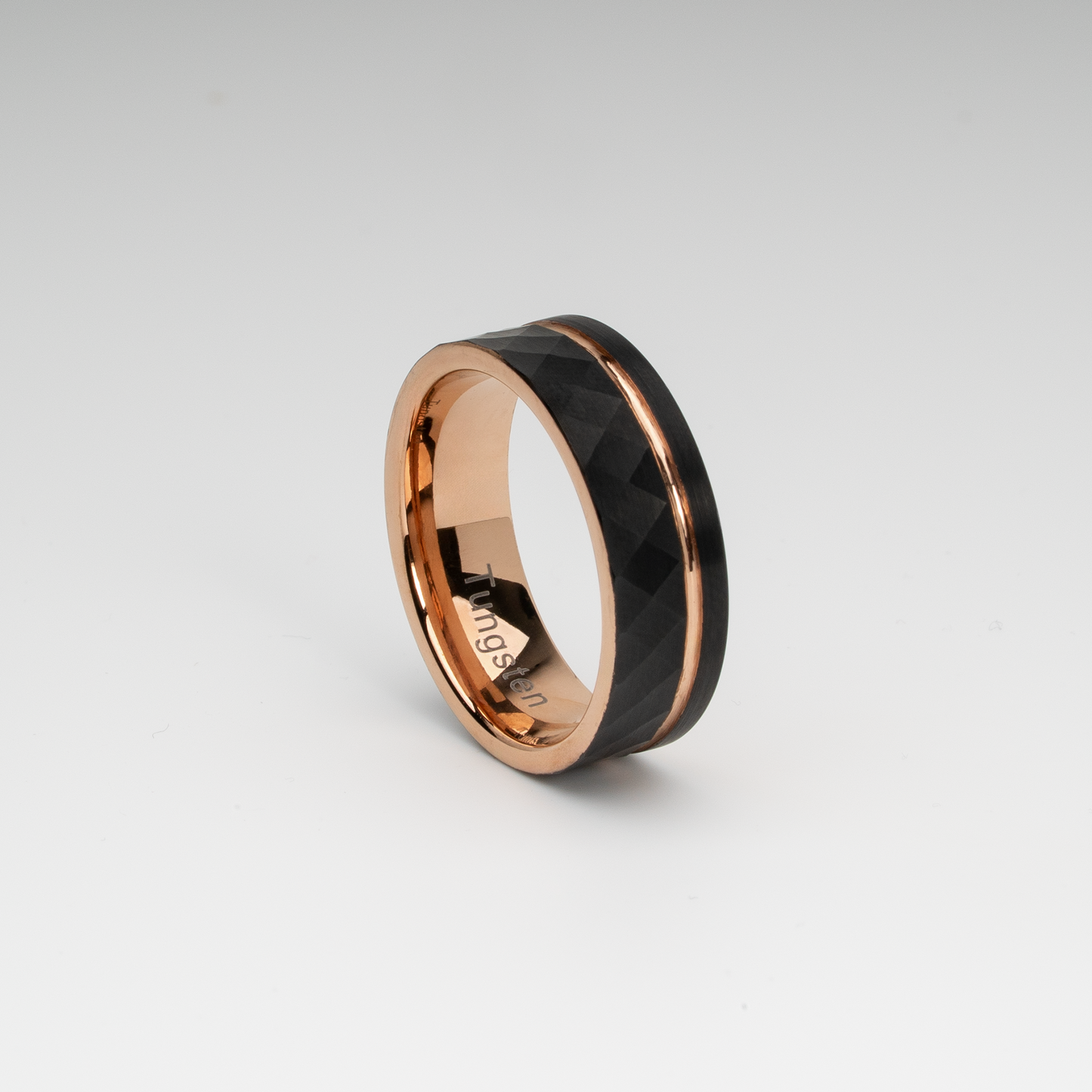 Rose Gold & Black Tungsten Carbide Ring - 8mm Brushed Finish, Faceted Design with Groove Center, Comfort Fit
