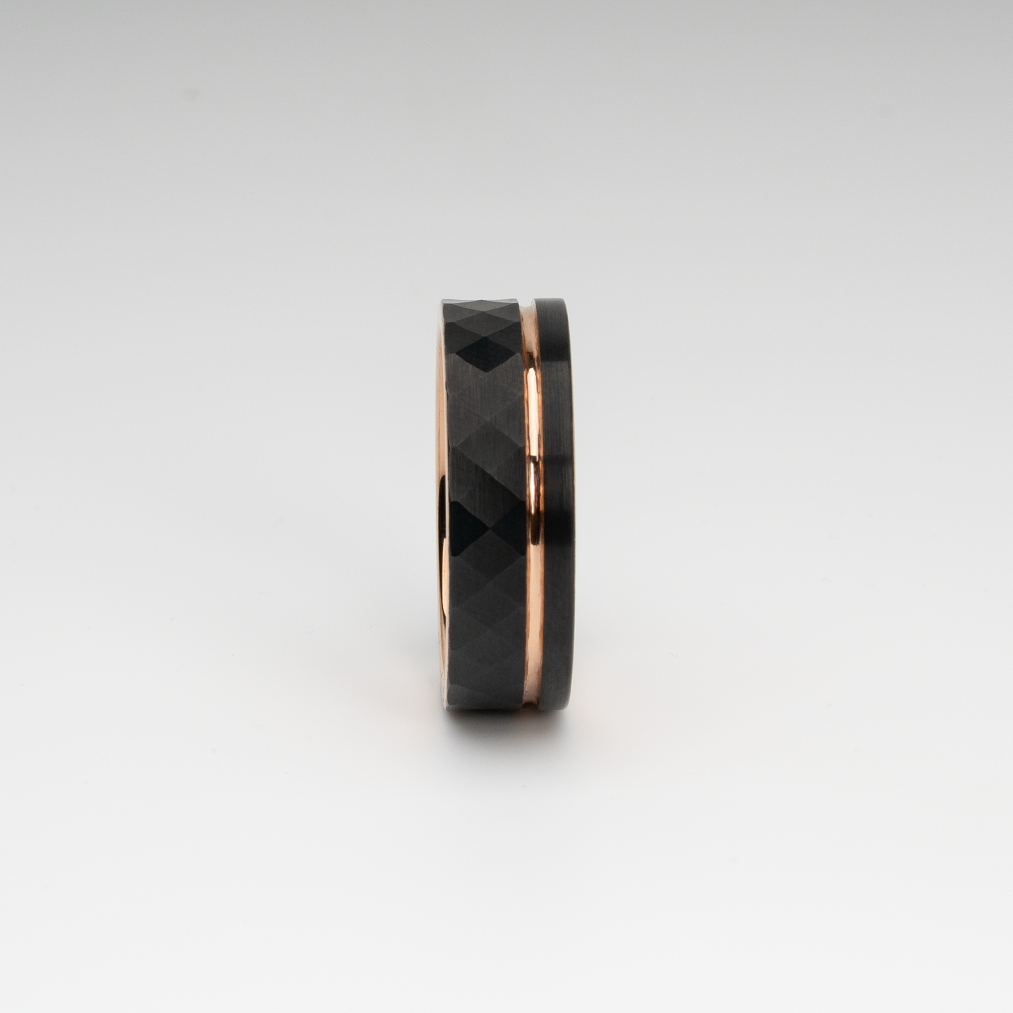 Rose Gold & Black Tungsten Carbide Ring - 8mm Brushed Finish, Faceted Design with Groove Center, Comfort Fit